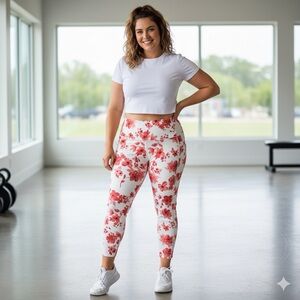 LINC Active Red and White Floral Print Women's Crop Leggings NWT